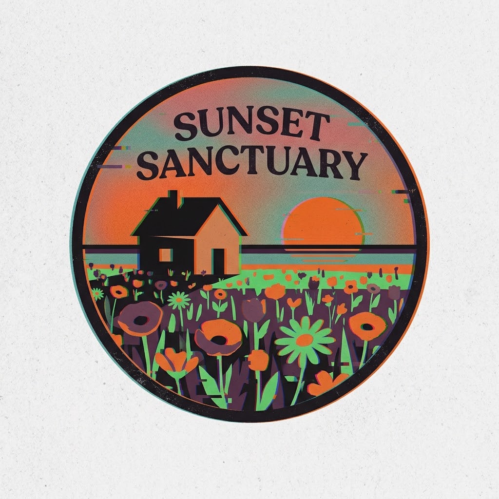 Sunset Sanctuary — a home, flowers, and a setting sun